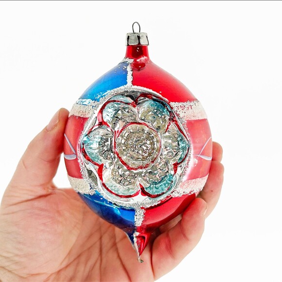Vintage Polish Jumbo Reflector Ornament Red White Blue Christmas Indent Glass main image 1